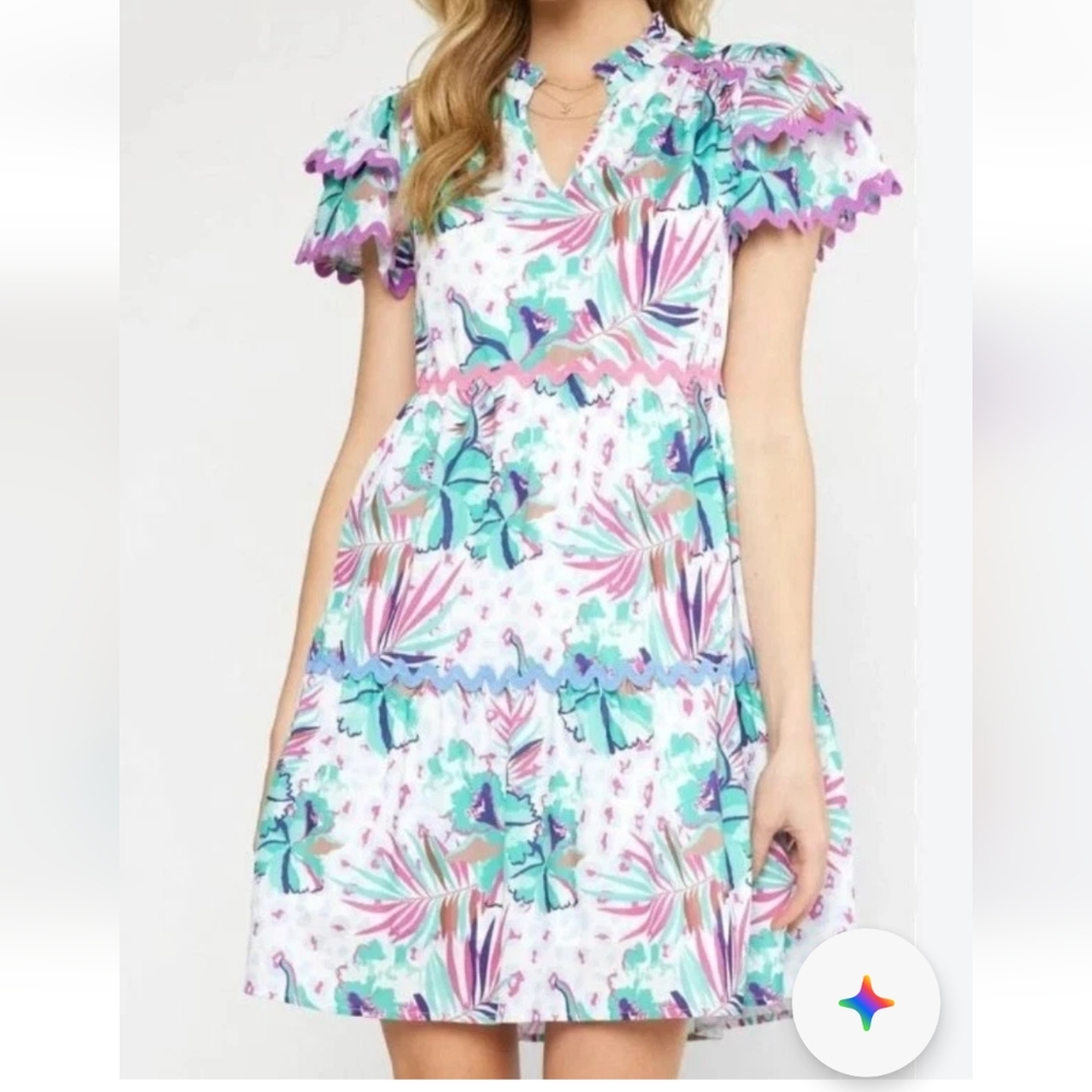Entro Ric Rac Tiered Dress Woman Large Leopard Tropical Floral Ruffle Nwot